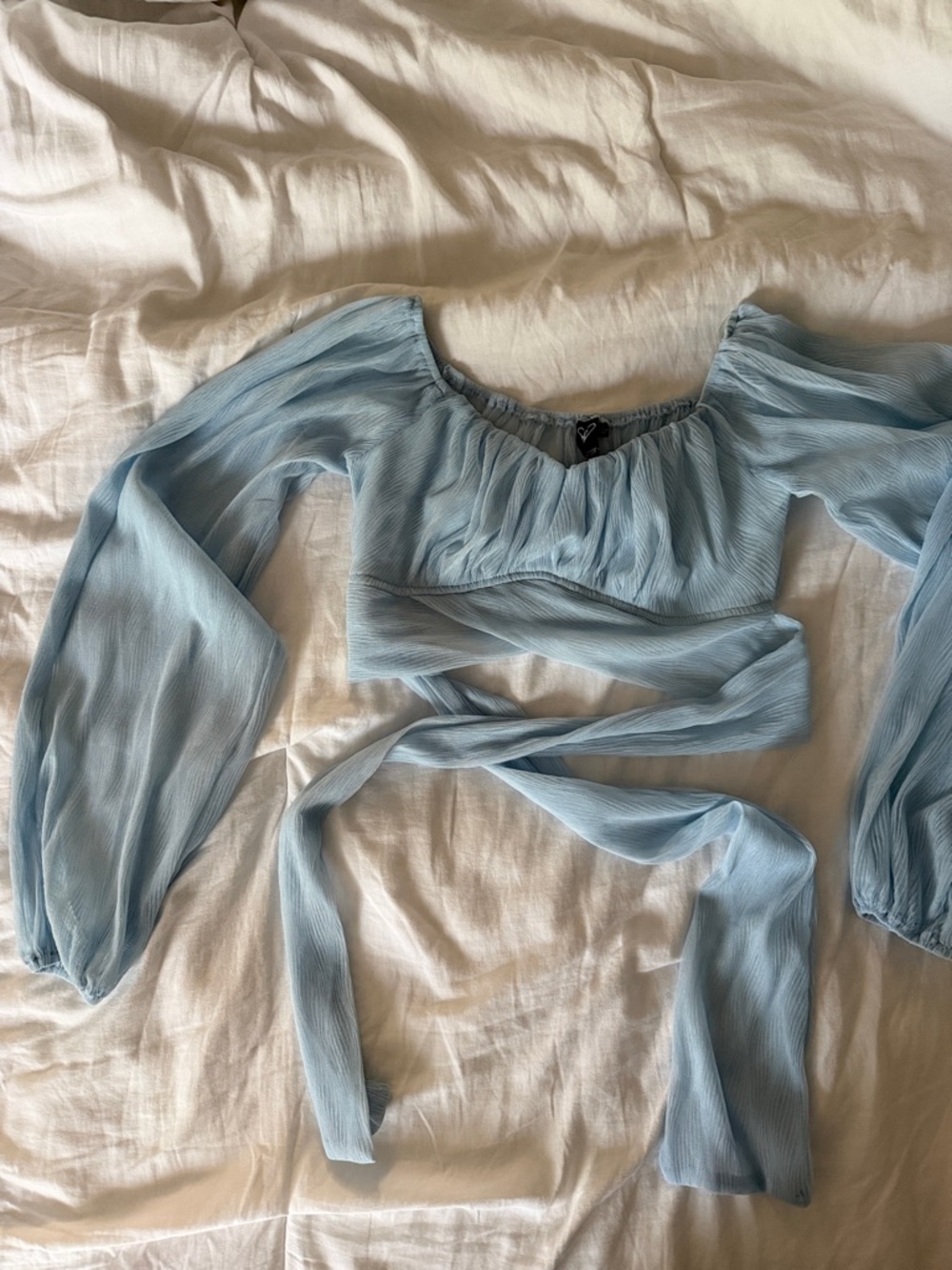 Light Blue Wrap Crop Top with Puff Sleeves